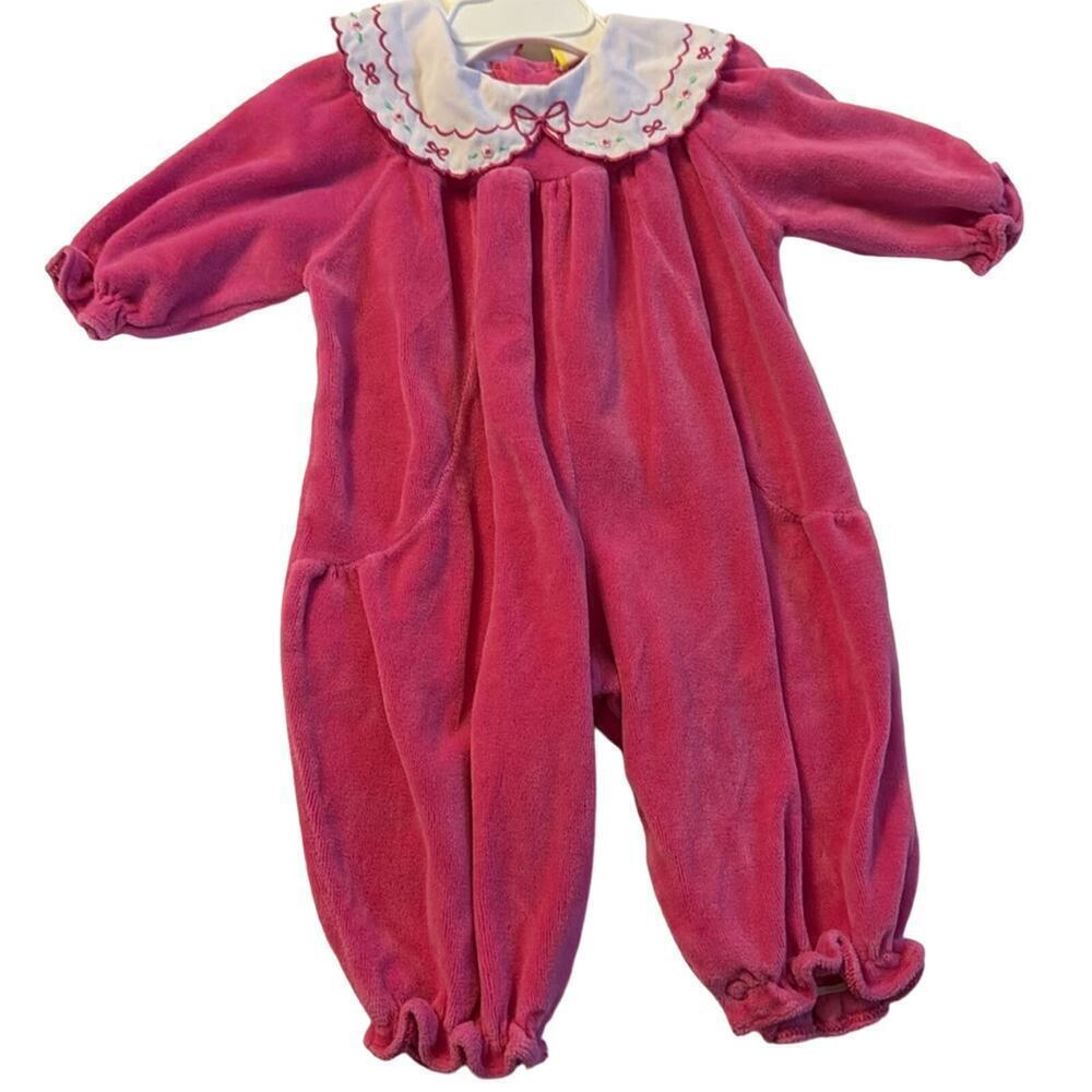Vintage velour pink longall romper size 6 months Peter Pan collar